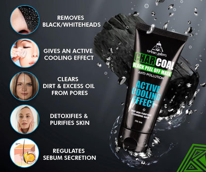 UrbanGabru charcoal mask benefits: lifts blackheads and whiteheads, cooling feel, clears dirt and oil from pores