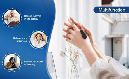 Woman wearing the VN Care acupressure clip on her hand