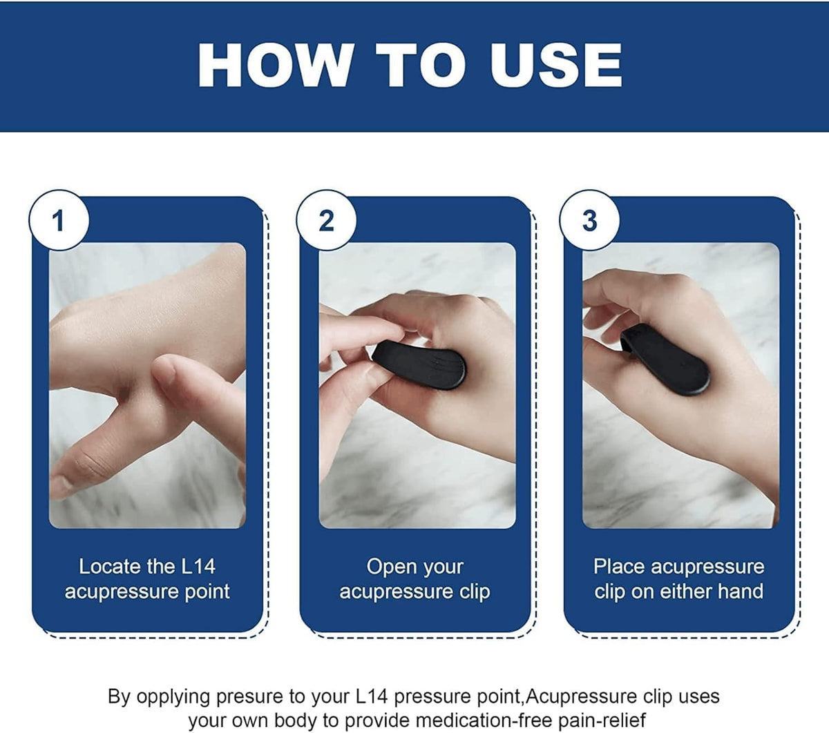 How to use the VN Care clip on the LI4 point between thumb and index finger