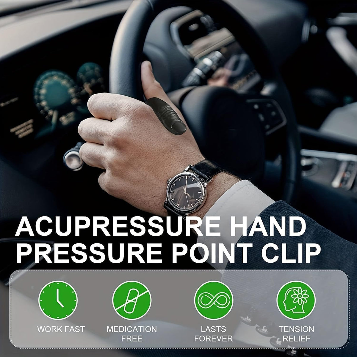 Man wearing the VN Care acupressure hand clip while driving