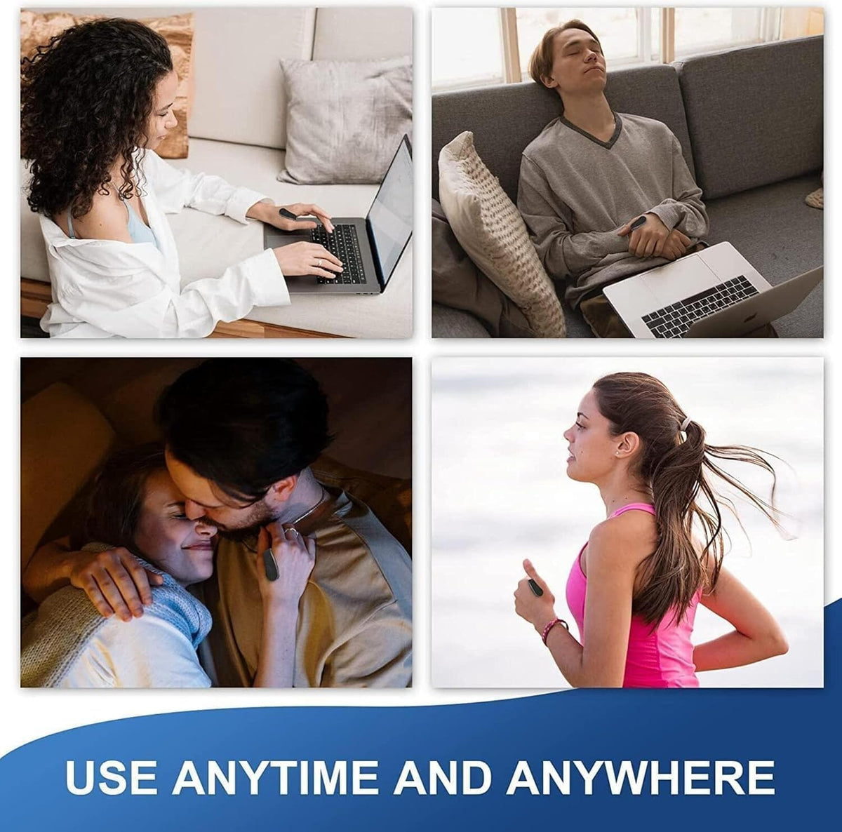 People wearing the VN Care acupressure clip at work, at home and on a run
