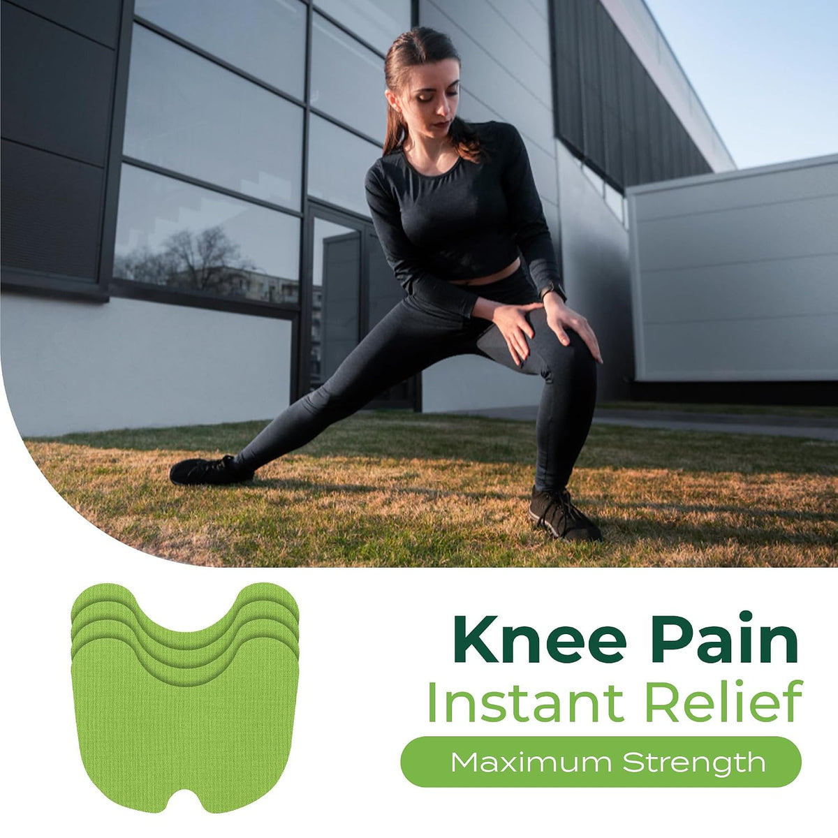 Woman stretching outdoors with a stack of Murti Export knee patches