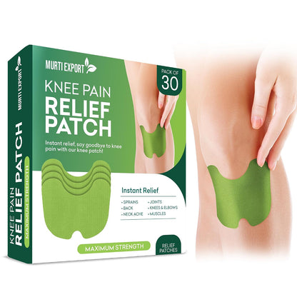 Murti Export knee relief patch box, pack of 30, with green patch on a knee