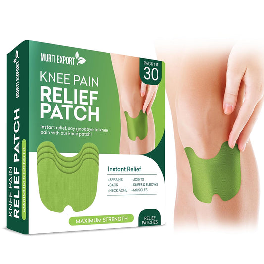 Murti Export knee relief patch box, pack of 30, with green patch on a knee