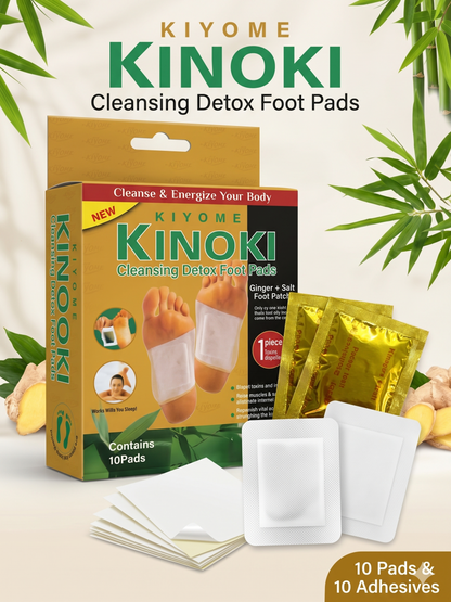 White and brown detox foot pads with gold accents, claiming overnight results and body cleansing benefits.
